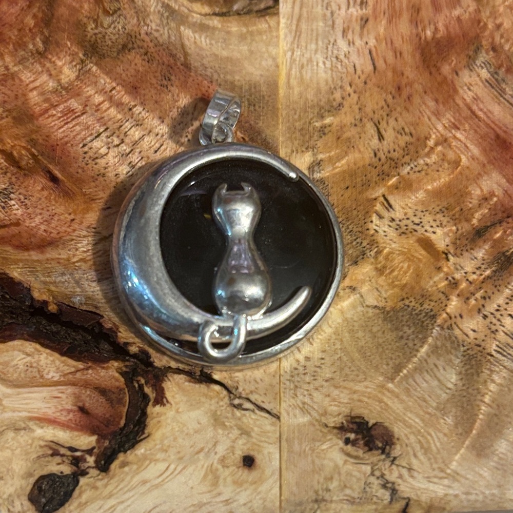 Silver Cat Moon Pendant Necklace – Black Accent